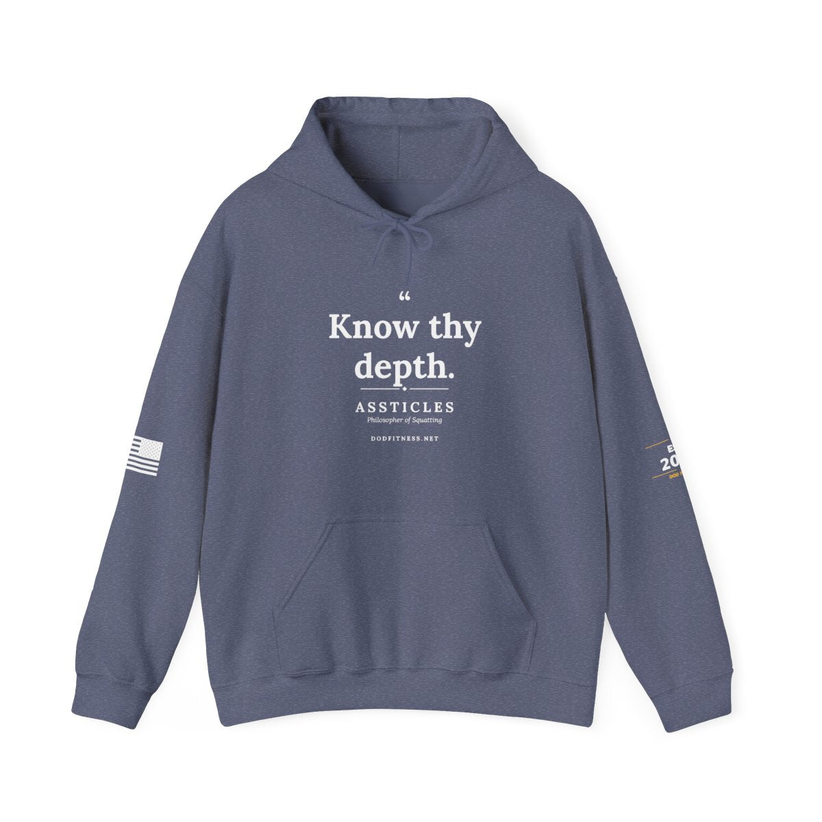 Assticles - Know Thy Depth hoodie in Heather Navy - funny gym hoodie by DoD Fitness