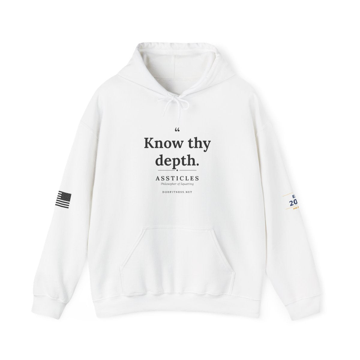 Assticles - Know Thy Depth hoodie in White - funny gym hoodie by DoD Fitness