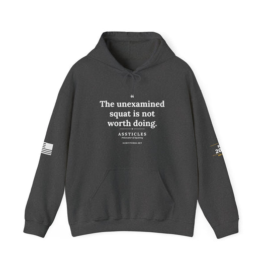 Assticles - The Unexamined Squat hoodie in Dark Heather - funny gym hoodie by DoD Fitness