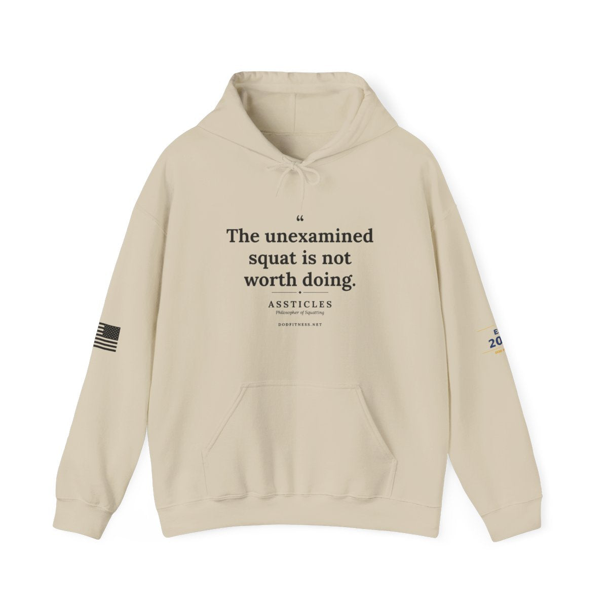 Assticles - The Unexamined Squat hoodie in Sand - funny gym hoodie by DoD Fitness