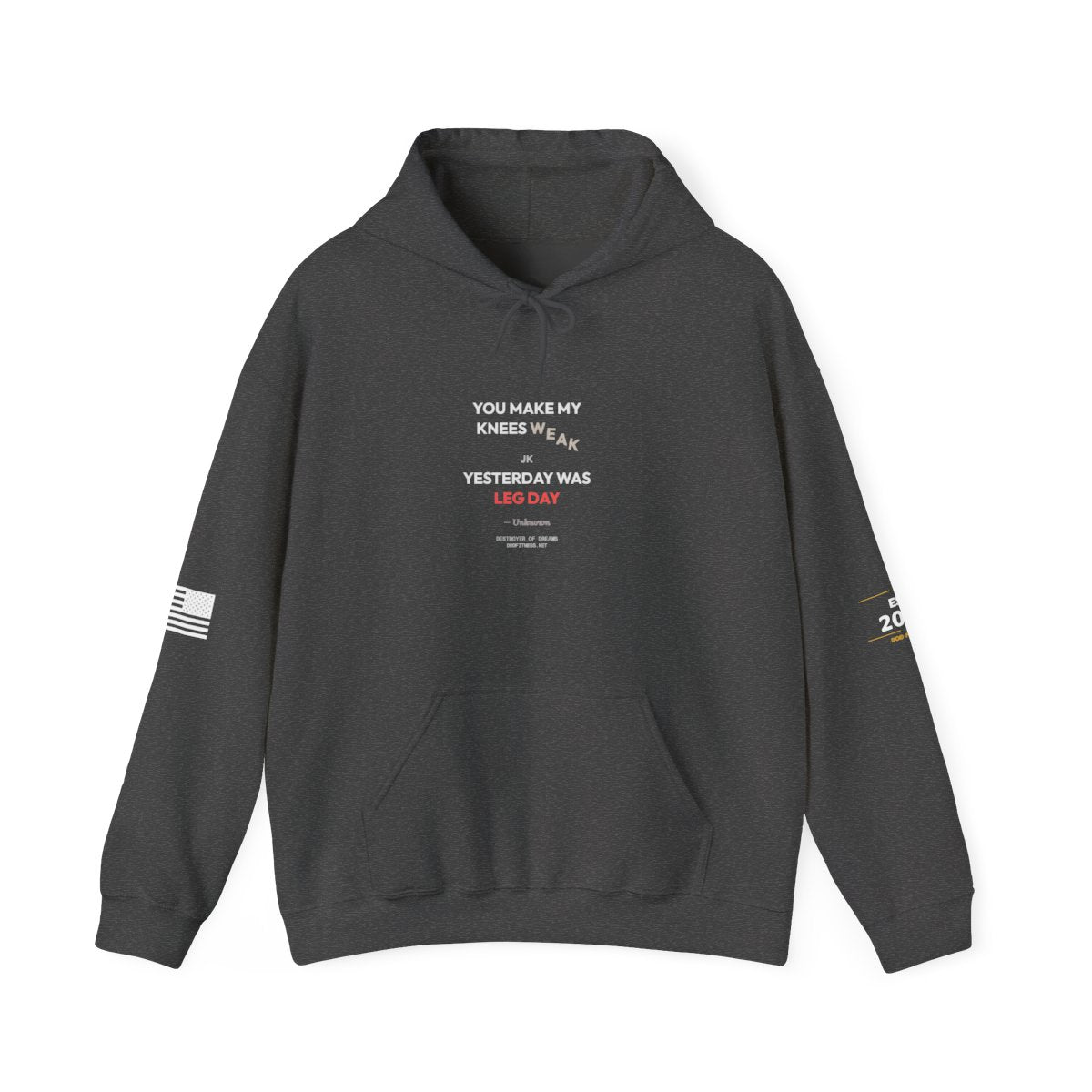 Knees Weak hoodie in Dark Heather - funny gym shirt by DoD Fitness