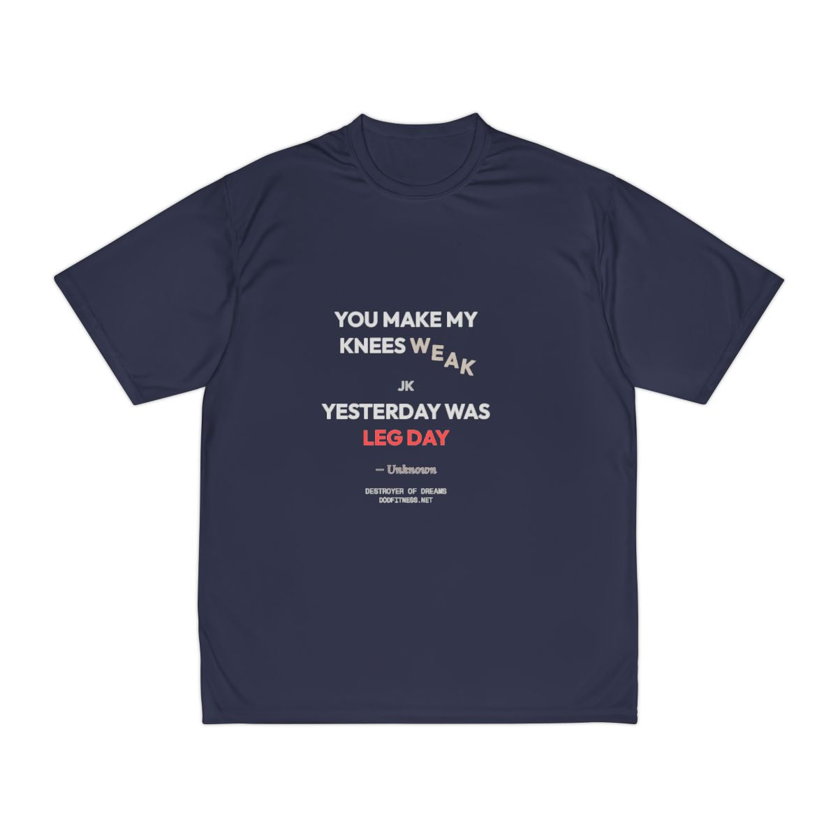 Knees Weak moisture wicking shirt in Navy - funny gym shirt by DoD Fitness