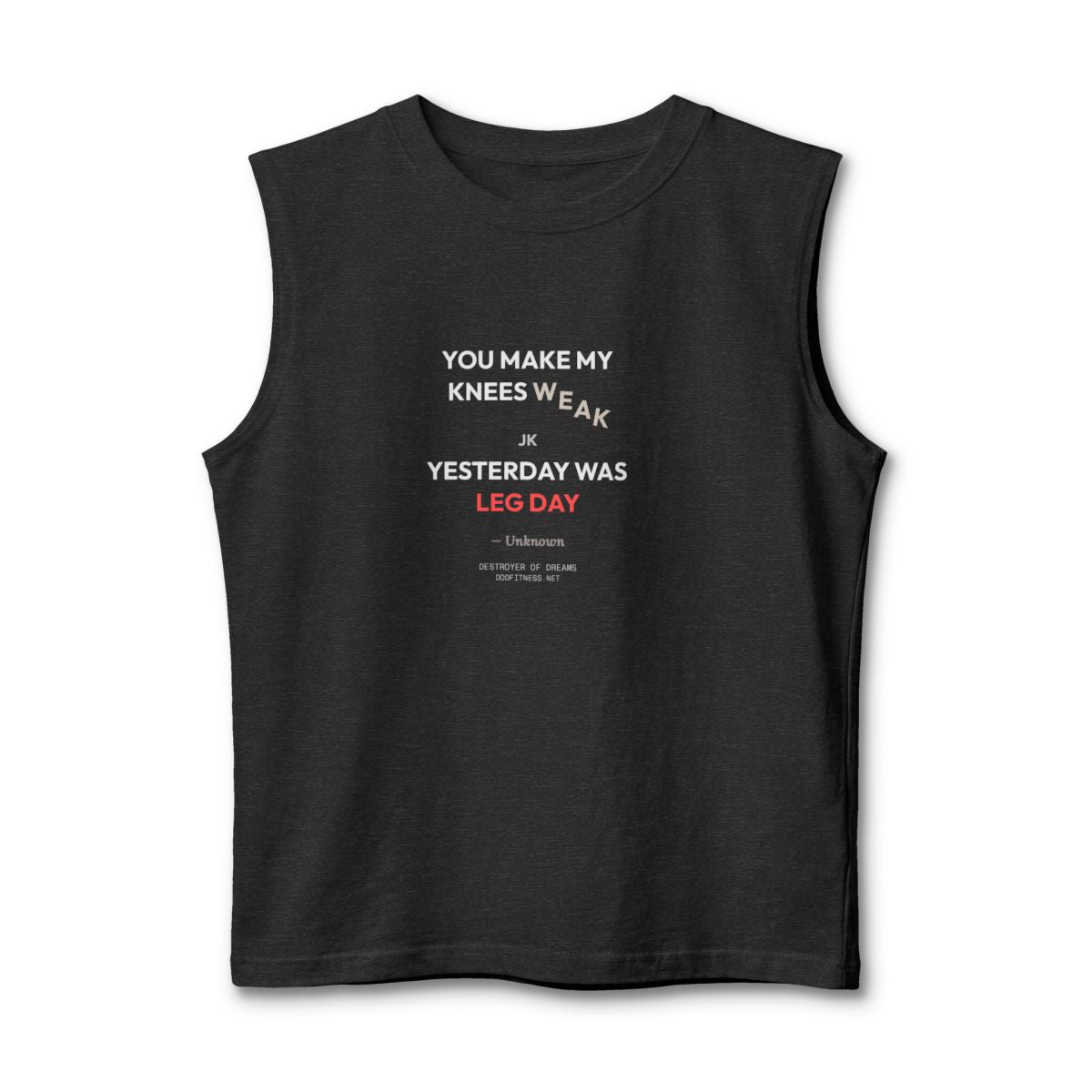 Knees Weak stringer tank in Dark Grey Heather - funny gym shirt by DoD Fitness