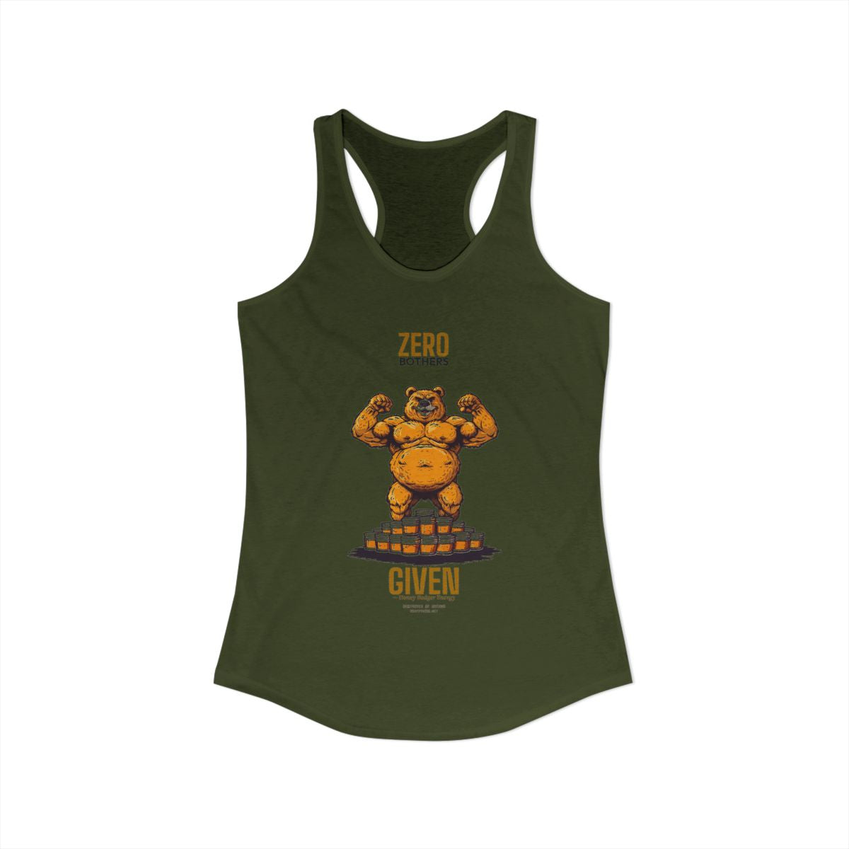 Zero Bothers women's racerback tank in Solid Military Green - funny gym tank by DoD Fitness