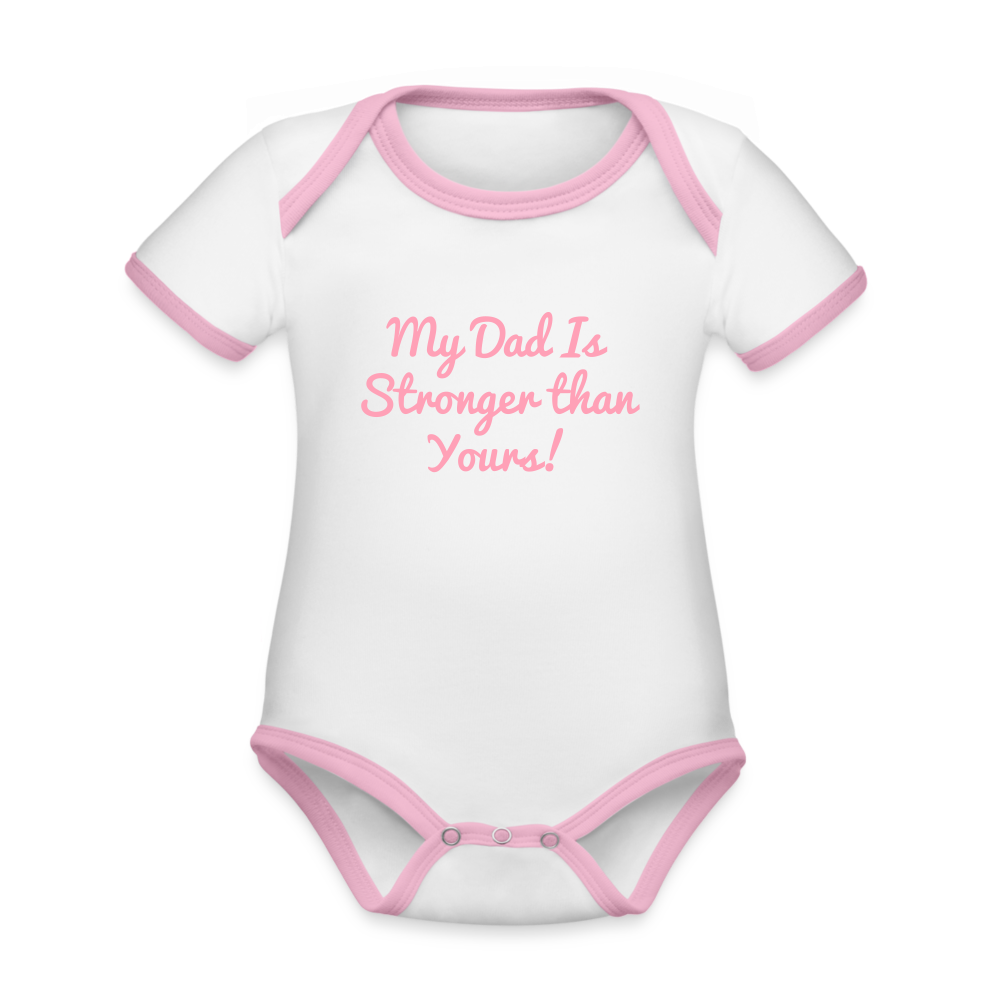 DoD Stronger Than Yours Organic Contrast Short Sleeve Baby Bodysuit - white/pink