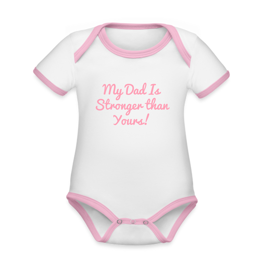 DoD Stronger Than Yours Organic Contrast Short Sleeve Baby Bodysuit - white/pink